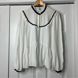 Zara TRF Collection White Ruffled Long Sleeve Blouse with Black Accents. Size XL